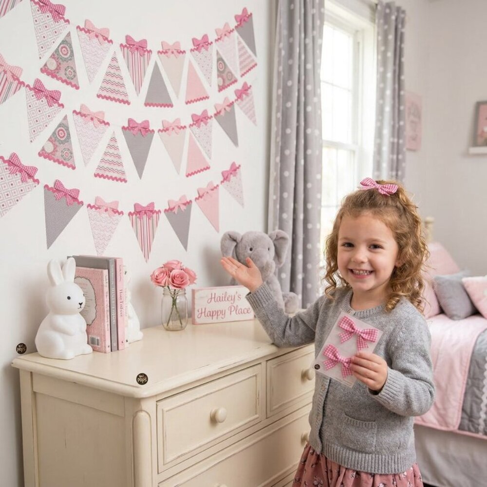 Wall Pops Pretty Pink Gingham Ribbons, Delicate Designs Hailey Pennant 32 pieces